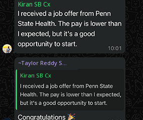Anonymized offer message from Kiran Patel